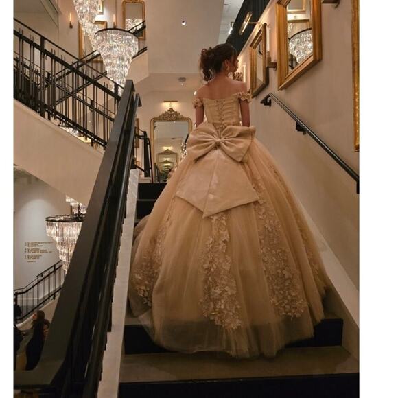 Champagne 3D Floral Quinceañera Ball Gown Lace Beaded Off Shoulder Dress Size 00 - Picture 2 of 6